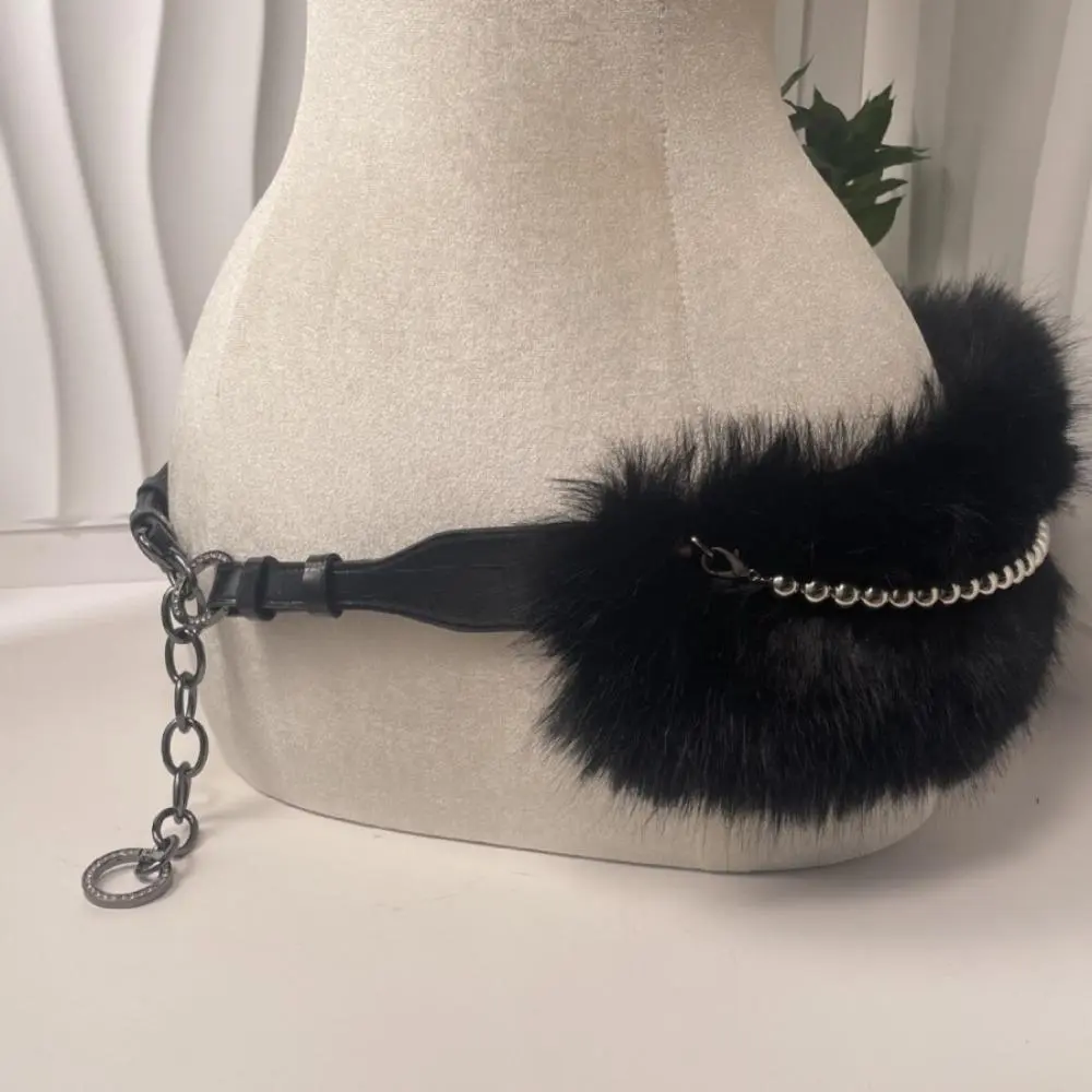 Retro Trendy Design Faux Fur Belts Y2K Women Fashion Metal Bead Chain Belts Furry Fur Cowgirl Waistband for Club Party
