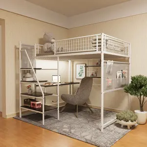 ARCH Full Size Loft Metal Bed Frame with Built-in Charging Station and LED Lighting for Bedroom Dormitory, White Finish, Heavy Duty Steel Structure, Space Saving Design, No Box Spring Needed, Home Furniture and Household Product Search Terms