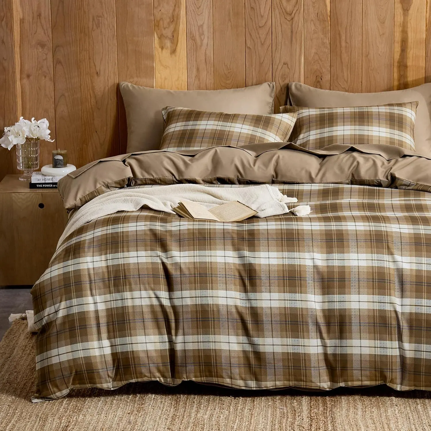 -  Comforter Set, Scottish Tartan Check Geometric Modern  Prted, Soft Lightweight Beddg, 3 count, Brown, Full Size
