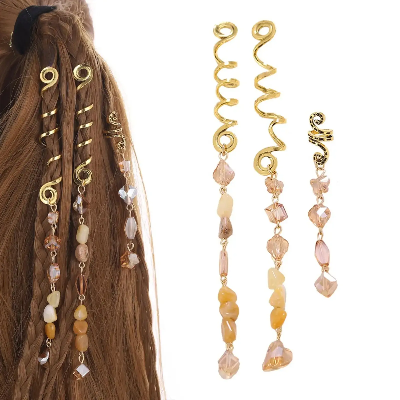 3-Pack Snake Spiral Hair Coils with Crystal Pendants, Bohemian Hair Accessories for Dreadlocks, Stylish Beaded Charms for Braids