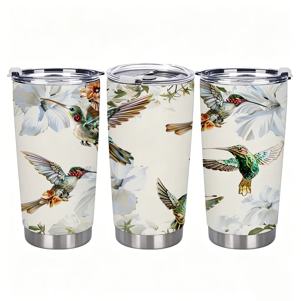 Women's 20oz (600ml) Sturdy Stainless Steel Single Cup - Double Wall Insulated, Leakproof, Elegant Hummingbird Print Travel Mug with Lid, Ideal Office Coffee Cup & Birthday Gift
