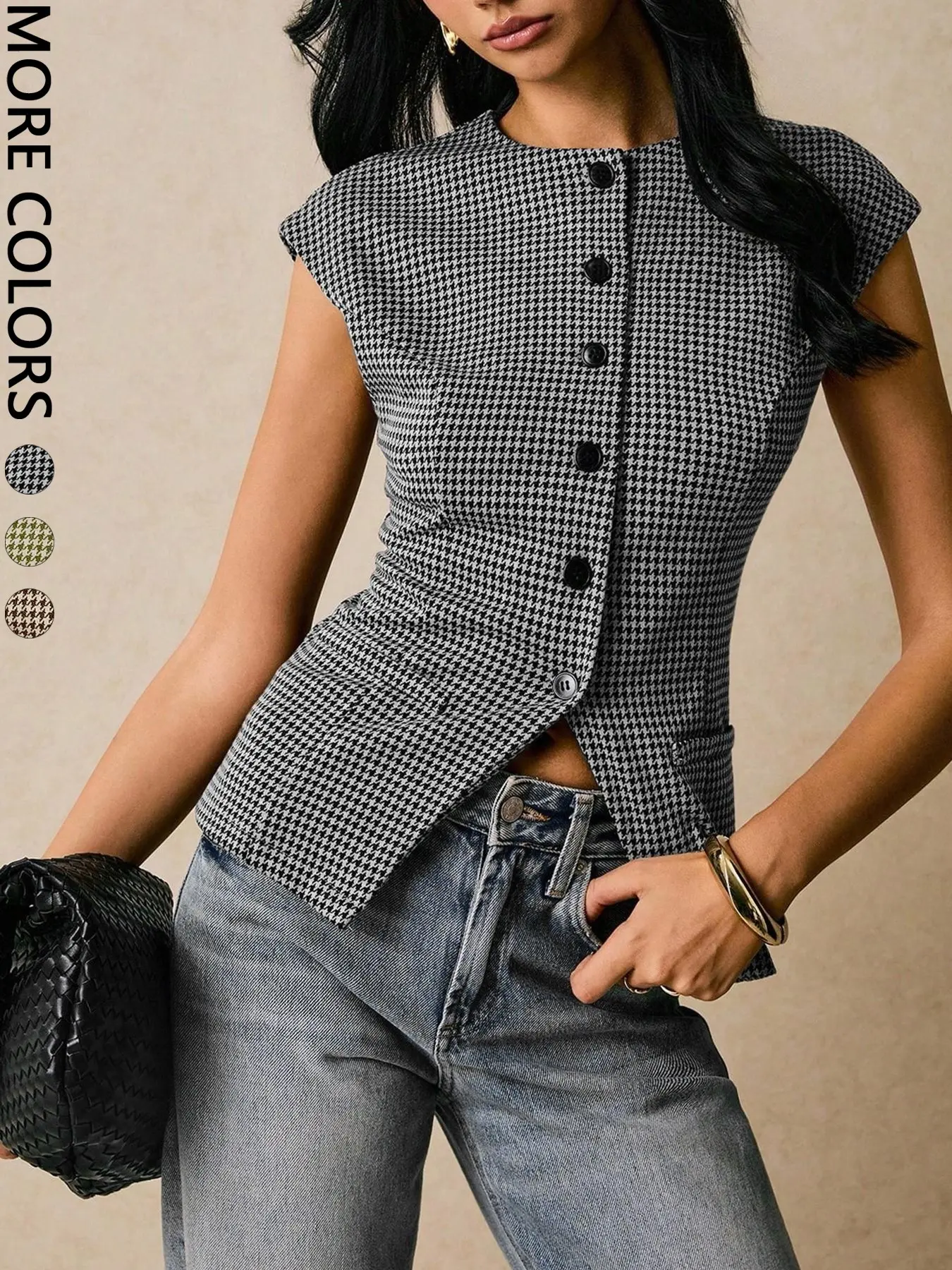Women's Houndstooth Blouse, Round Neck, Short Sleeves, Fitted Knit Vest Shirt, Bodycon Fitted Top, Old Money Style, College Style, Casual, Unlined, Plain Surface, Tops, Blouses Shirts Tops
