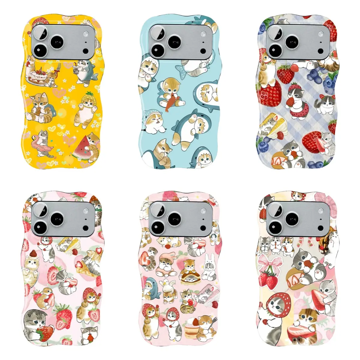 Mofusand Cute Cat Wavy Edge Hard Case Phone Case, Strawberry Fruit Cake Shark Kitten Dessert Collage Print, Tough and Shockproof Protective Case for iPhone 11–17 Pro Max/Plus Series and Samsung Galaxy S23–S25 Series
