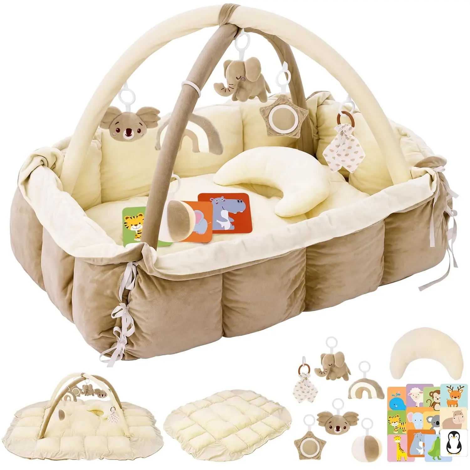 5-in-1 Plush Baby Play Gym & Activity Mat, Baby Play Mats, Baby Gym with Convertible Design, Tummy Time Mat with Pillow, 6 Sensory Toys  Newborn to Toddler, Cream