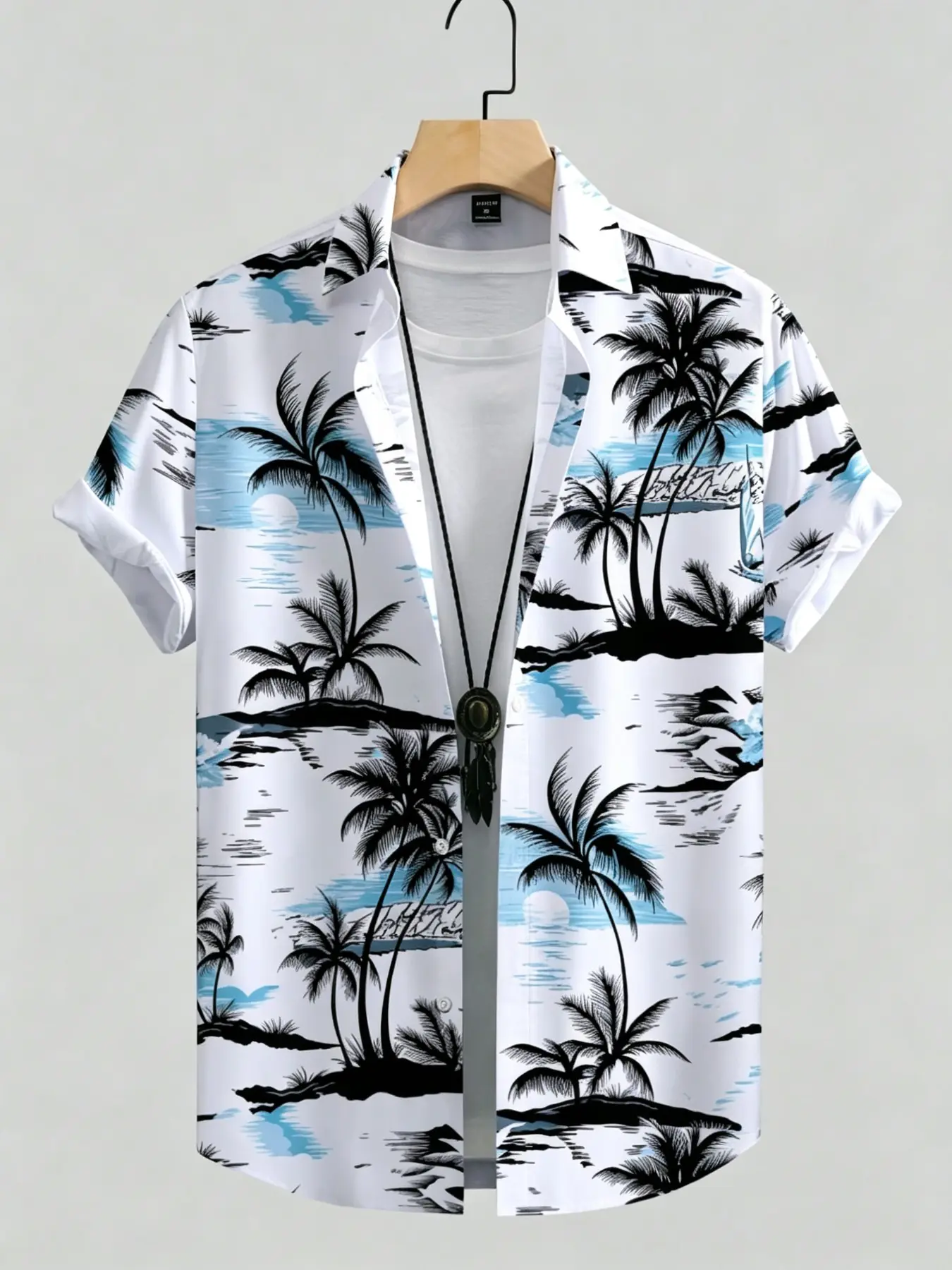 Light Blue Island Landscape Beach Printed Tropical Short Sleeve Shirt, Men's Hawaiian Vacation Casual Top, All Seasons Loose-Fitting All over Print
