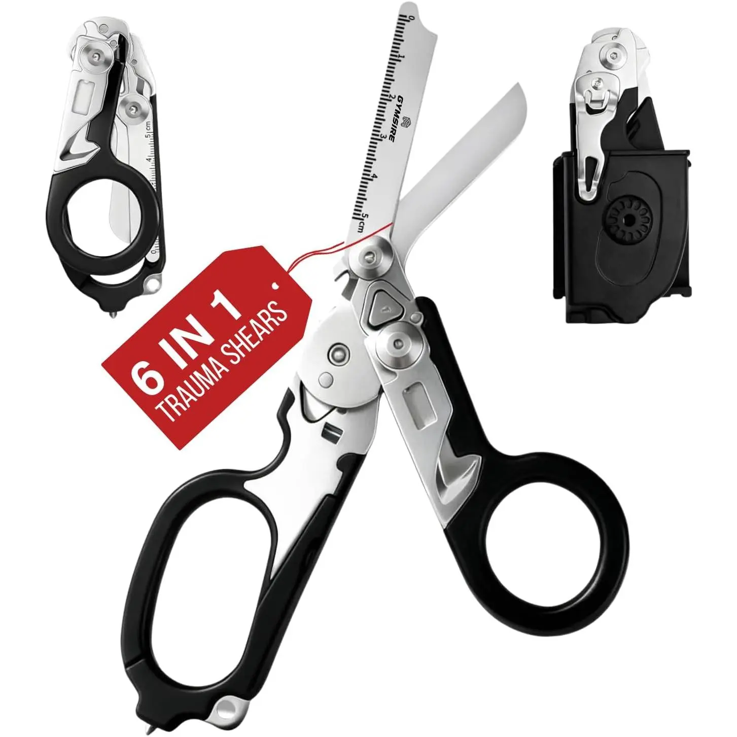 Duty 6 in 1 Multifunctional Trauma Shears Foldable| Stainless emergency response scissors| Shears with Holster| Medical Trauma shears With Strap| Black