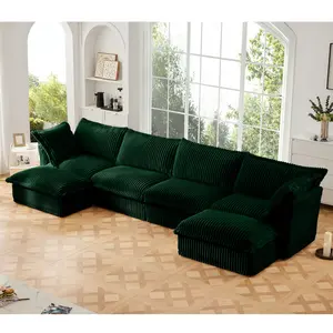 Aobtkel®Slipcovered U Shape Sectional Wide and Deep Seat Sofa Couch, 4 Seater Sofa with French Edges Design Multiple Big Pillows, Soft Deep Seat Comfy Cloud Couch for Living Room, Apartment, Green Corduroy