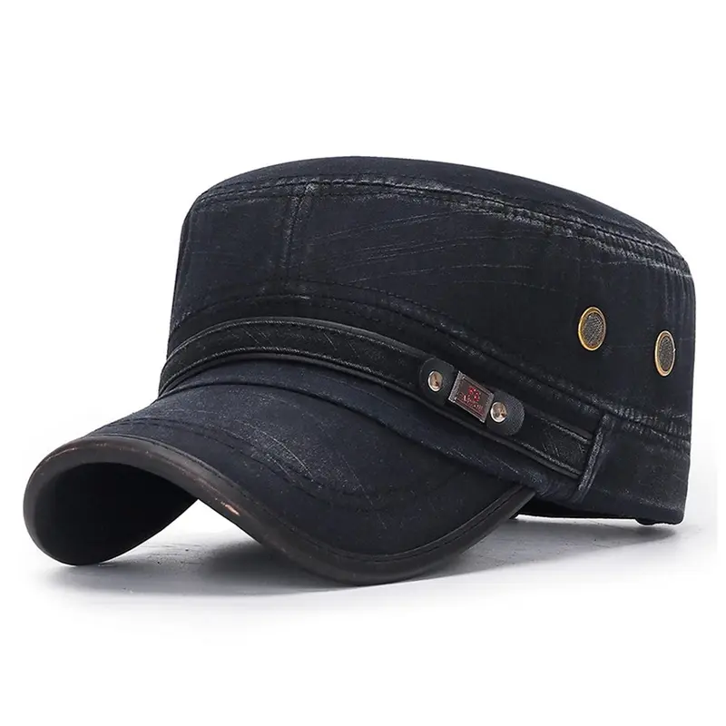 Unisex Slub Cotton Flat Cap Casual Hat | Distressed Leather Trim Retro Military Baseball Sun Visor Gift Idea Vintage Baseball Cap