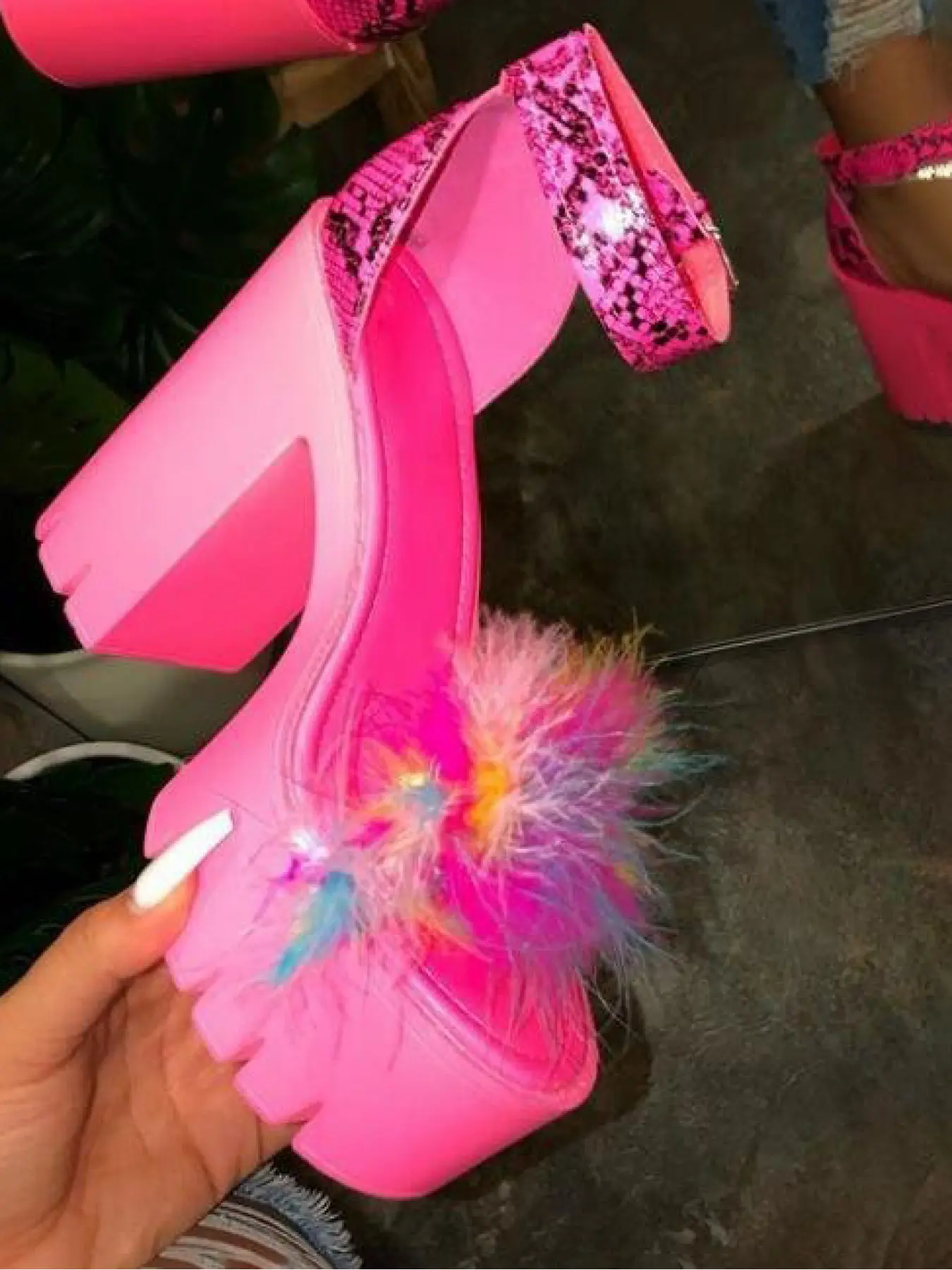 Women's Dressy Platform Sandals, Fluffy Feather Open Toe Buckle Ankle Strap Chunky Block High Heels, Feather-Decorated Party Heeled Sandals