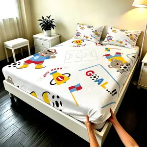 3PCS Cartoon Soccer Bear Fitted Sheet Set, Microfiber Fabric, Elastic Edges to Wrap Mattress, Machine Washable, All Seasons, Decor for Bedroom Dorm, Gift