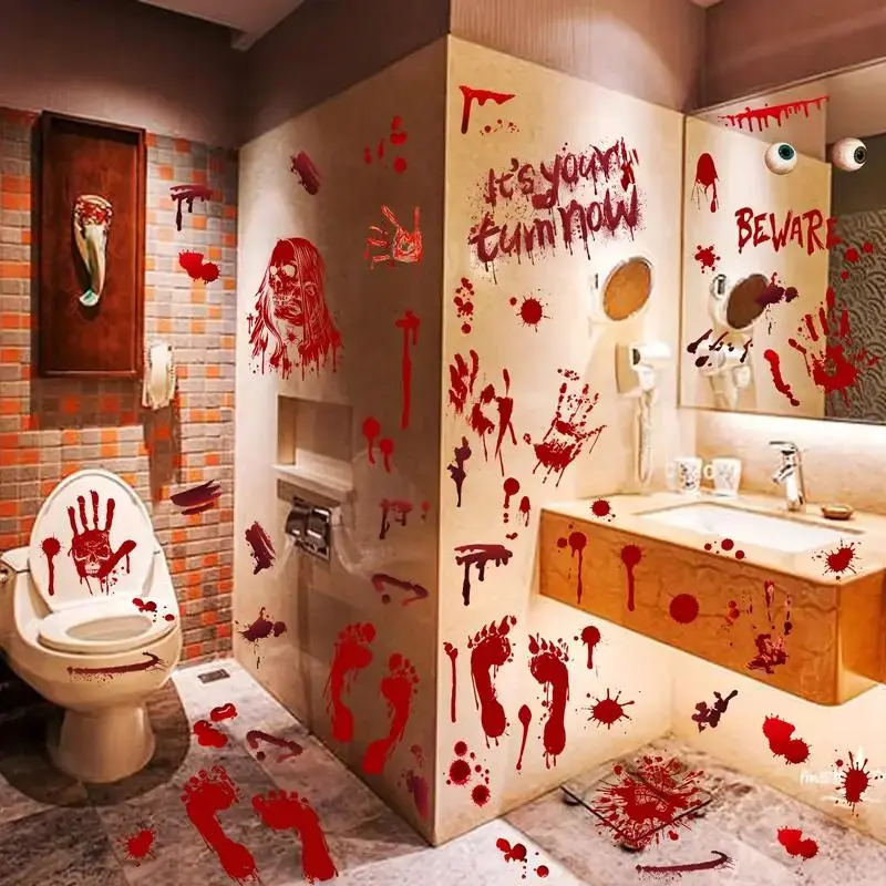 Halloween Decorations Set, 84 Pieces Halloween Window Stickers, Window Decals, 9 Blood Handprint Footprint Wall Stickers, Wall Decals Peel and Stick, Scary Halloween Decor
