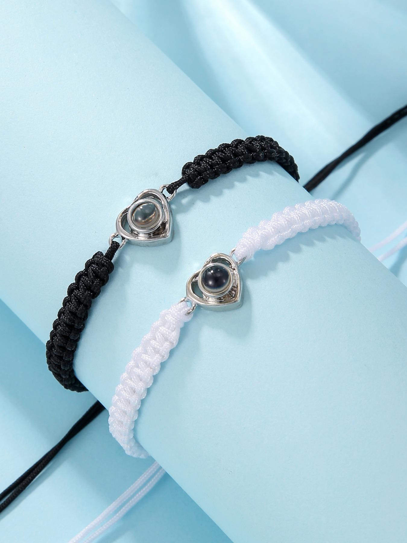 Unisex Street Trend Heart Charm Bracelets, Matching Heart Bracelets, 2pcs/set Couple Bracelet Set Trendy Drawstring Design Bracelets, Chic All-match Jewelry As Birthday Gift for Lovers, Valentine's Day, Gift, Fashionable Couple Bracelet