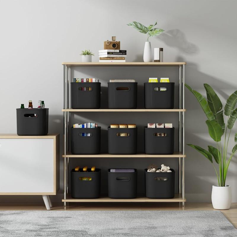 8 Pack Black Storage Bins with Lids Stackable Storage Container for Organizing Black Storage Boxes with Handle for Shelves Cute Organizer Bins for Craft Snacks 9.85x6.9x5.7 inch