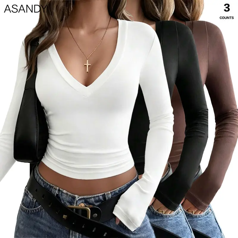 ASANDY Women's 3 Pack Deep V Neck Long Sleeve Tops Slim Fit Snatched Crop Shirts Athleisure Basic Layering Tee Pack
