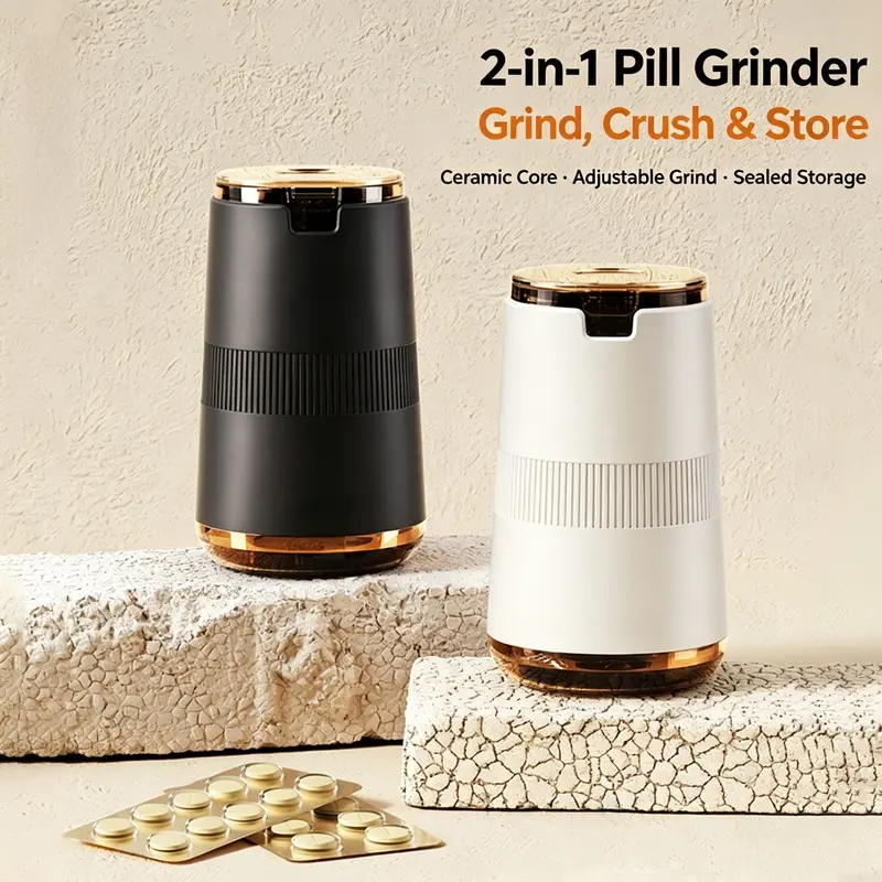 Portable Pill Grinder Crusher with Ceramic Conical Core, 2 Adjustable Coarseness Pill Pulverizer, 3-in-1 Medicine Grinder with Pill Organizer & Drinking Cup, Food Grade Pill Mill for Travel, Vitamins & Tablets