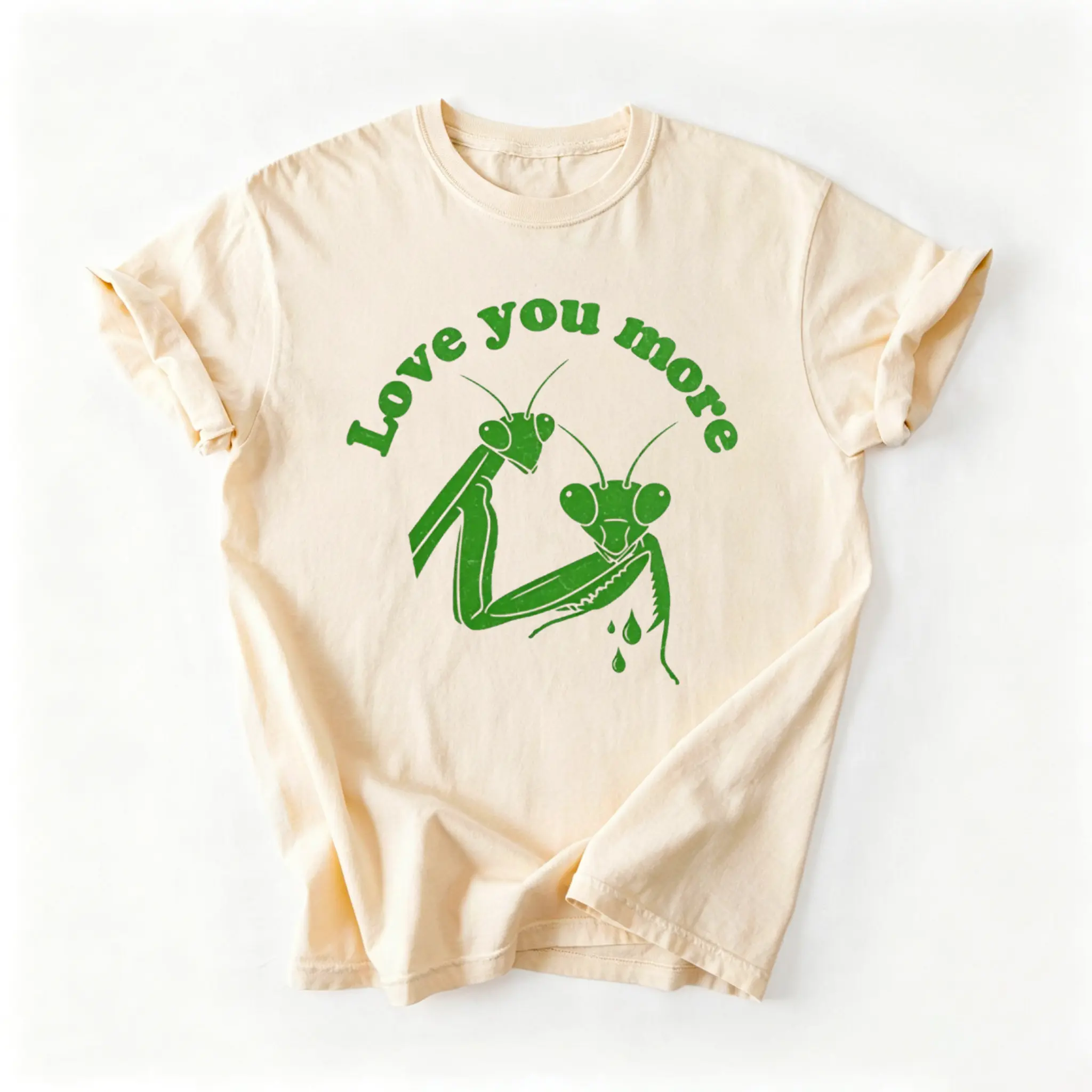 Women's "Love You More" Green Mantis Bug Graphic Short-Sleeve Cotton Blend Oversized T-Shirt - Comfortable Casual Top for Bug Lovers, Birthday Gift Option, Pair with Sweatpants, Short Sleeves