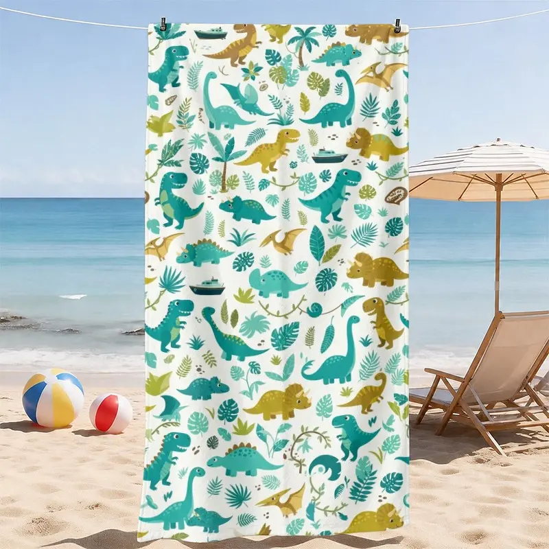 Cute Dinosaur Beach Towel, Dino and Leaf Print, Absorbent and Sand Resistant, Soft Lightweight, Gift for Kids