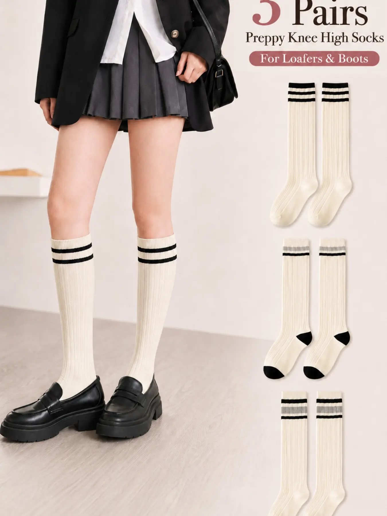3/6 Pairs Women’s Preppy Knee High Socks, Soft Ribbed Striped Long Socks, Casual Knit Socks for Loafers, Boots, School Uniform, Cosplay, Fall Winter Daily Wear