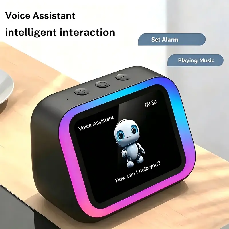 Ai Smart Speaker with Intelligent Alarm Clock, Wireless Bluetooth-compatible Speaker, Dynamic RGB Lights, High-Definition Display, 1800mah Battery, Battery Operated Digital Clock