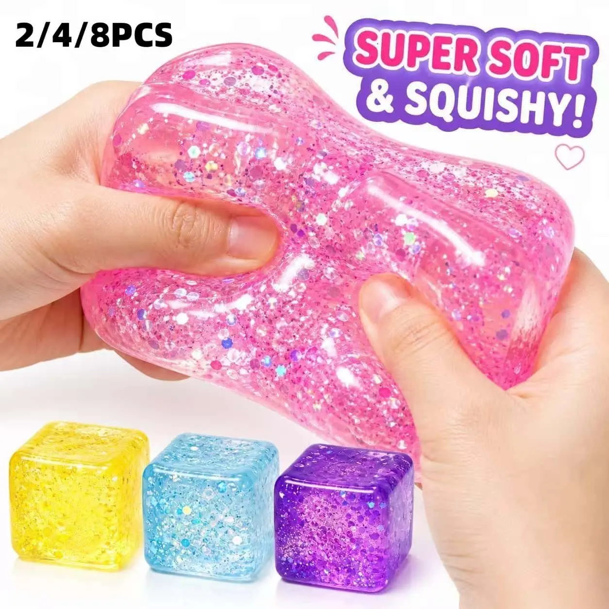 1PC Squishy Ice Cube Fidget Toy – Super Soft Slow Rising Stress Relief Fidgeting, Anxiety Fidgets, Clear Glitter Sensory Squeeze Toy for Kids & Adults, Random Color, Anxiety Relief Gift