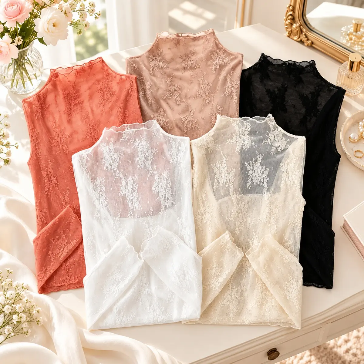 1/3/5-Pack Women's 2026 New Elegant Floral Lace Mesh Long-Sleeve Tight-Fit Innerwear Top - Stretchy Fabric, Soft Breathable Lightweight, Spring-Autumn Casual Layering, US-Designed Sports & Outdoor Essential, Back to School Gift