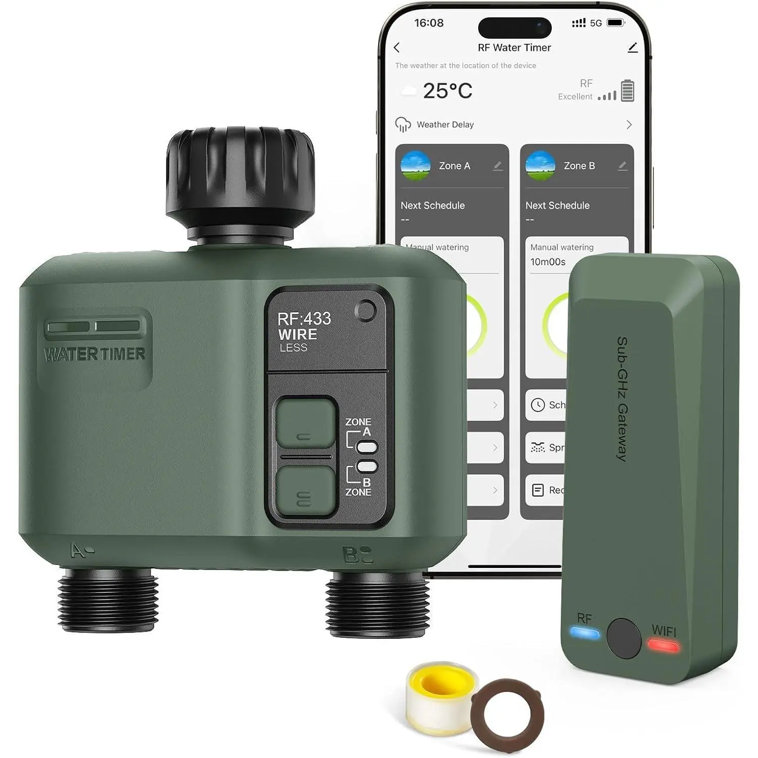 2-Zone WiFi Water Timer for Outdoor Garden Hose, Single Unit Sprinkler Controller with 984ft RF Range, App Control, Voice Control, Rain Delay, Automatic/Manual Irrigation