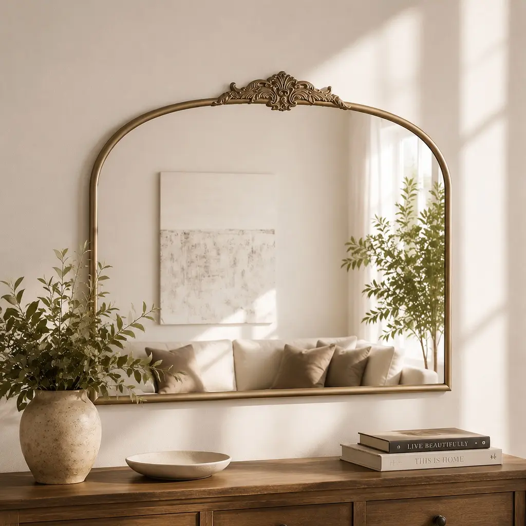 Arched Gold Wall Mirror 40x30 Inch Antique Brass Metal Frame Baroque Ornate Mirror for Entryway Living Room Hallway Fireplace Decor HD Silver Glass 4mm, Antique Gold