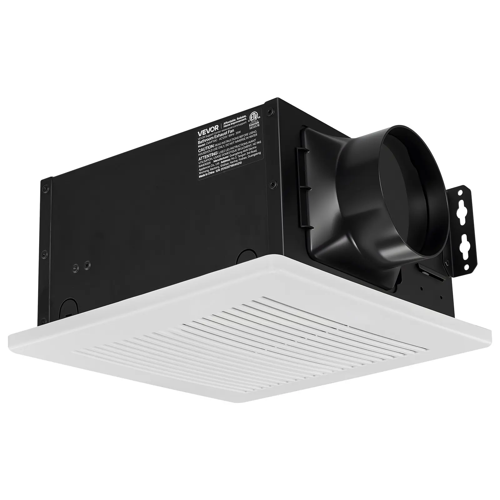 VEVOR Silent Ceiling Fan Ventilation System, 80 CFM No-Light, 6.28 lbs, 12.6X11x5.7" in, 4-Inch Duct Interface, Low-Noise Premium Motor, ABS Panel, Etlus Certified, Quick Connector & Screws, White, for Various Room Types (Basements, Bathrooms)