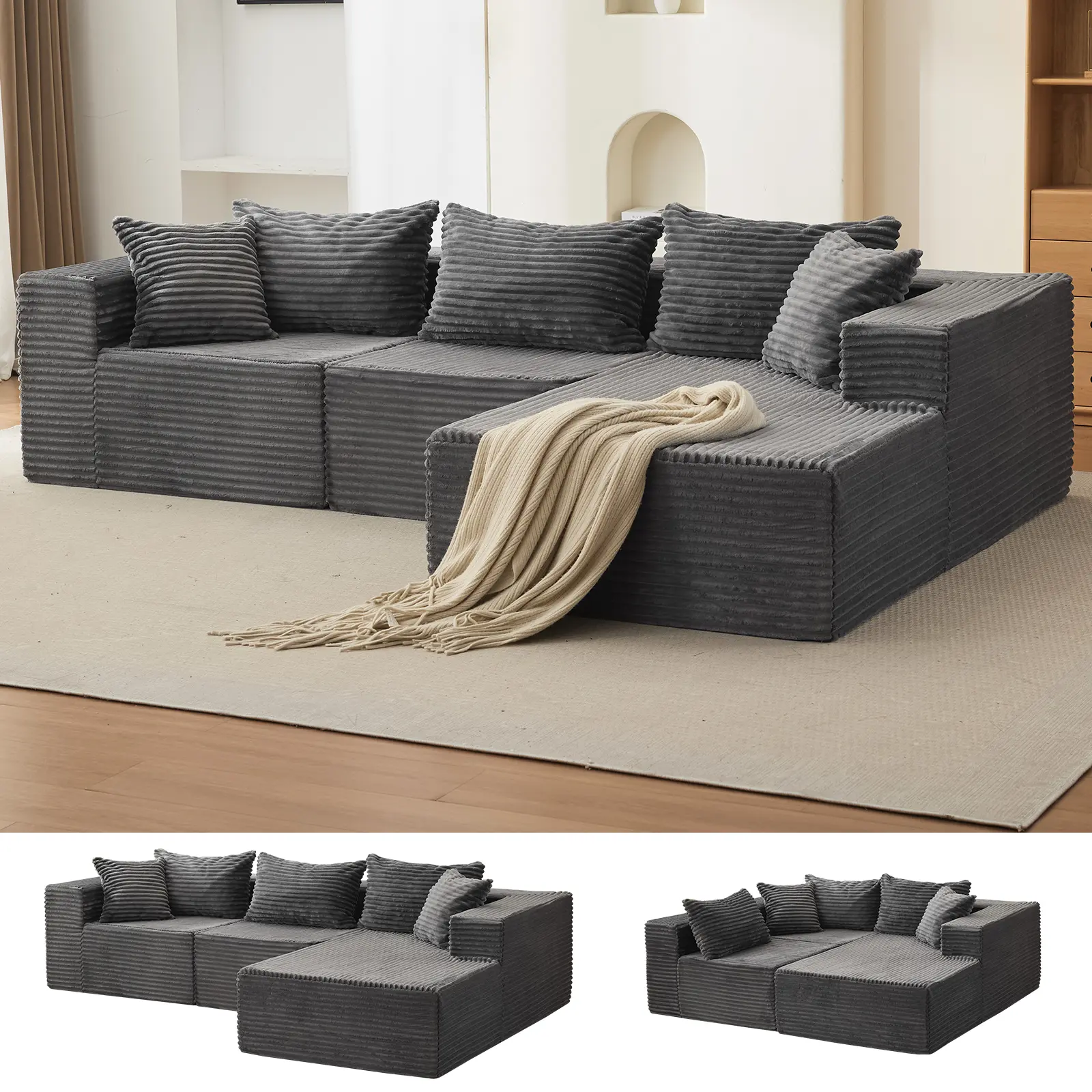 106" Soft Gray Cloud Sectional Sofa, Modular L-Shaped Couch with Left Facing Chaise, Comfortable Deep Seat, Cozy No-Assembly Design, Modern Upholstered Couch Bed for Living Room