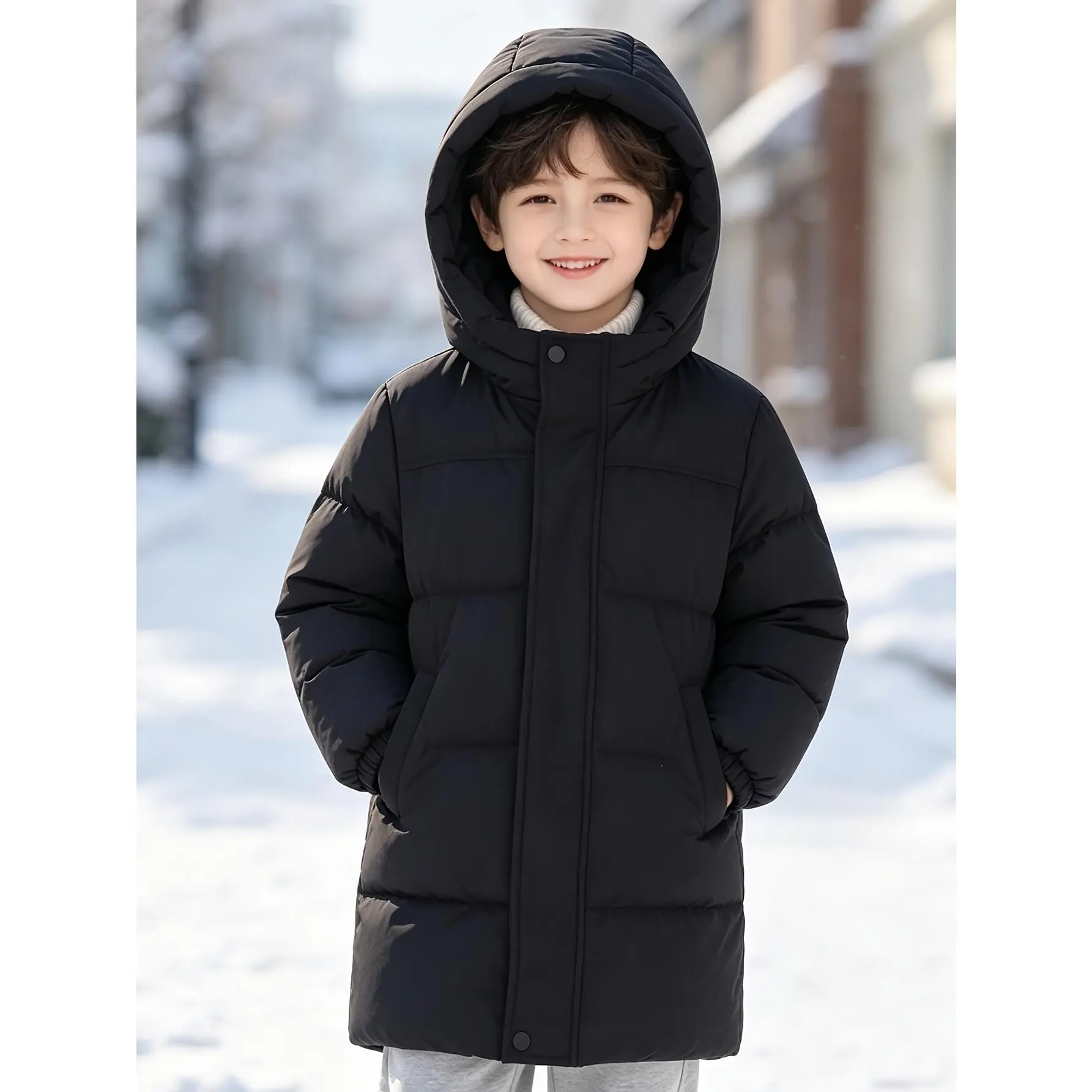 Cute Cartoon Mid‑Length Parka Jacket For Babies And Kids, Warm Cold‑Proof Outerwear Top For Boys And Girls, Practical Autumn And Winter Garment, Soft Comfortable Fabric Suited For Daily Dressing And Multiple Outdoor Occasions