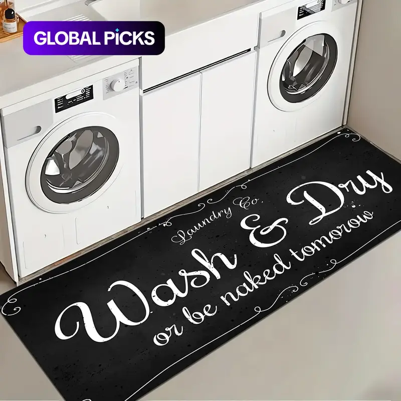 1 Pc Black Laundry Room Rug, Soft Comfortable Runner Anti-Slip Floor Mat, Printed Carpet for Kitchen, Living Room, Bedroom and Sink Area #GLOBAL PICKS