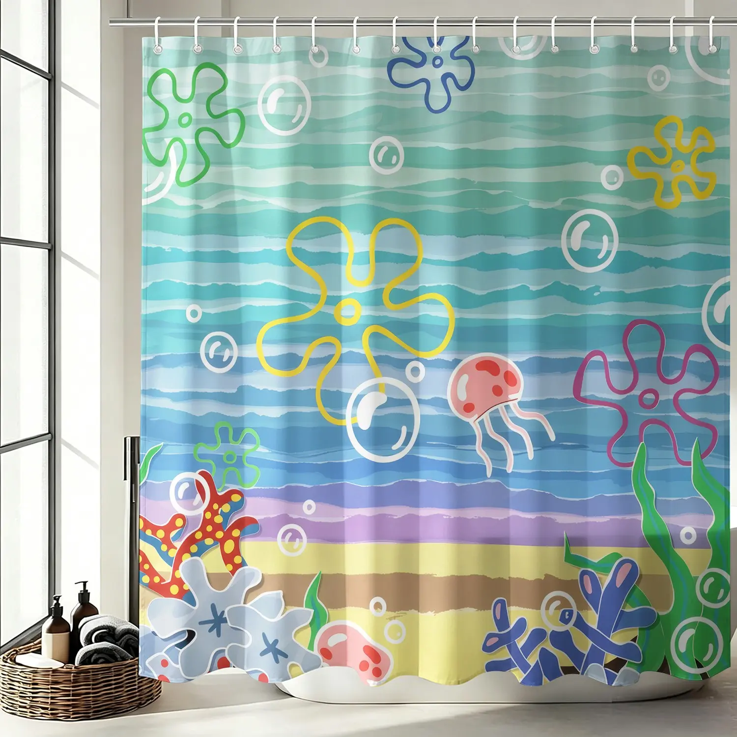 Cute Colorful Underwater Ocean Shower Curtain Set, Waterproof Cloth Fabric Bathtub Curtain 72"x72" with 12 Hooks, Cartoon Jellyfish Starfish Kids Beach Bathroom Decor Accessories, Ideal  Birthday Holiday Gift