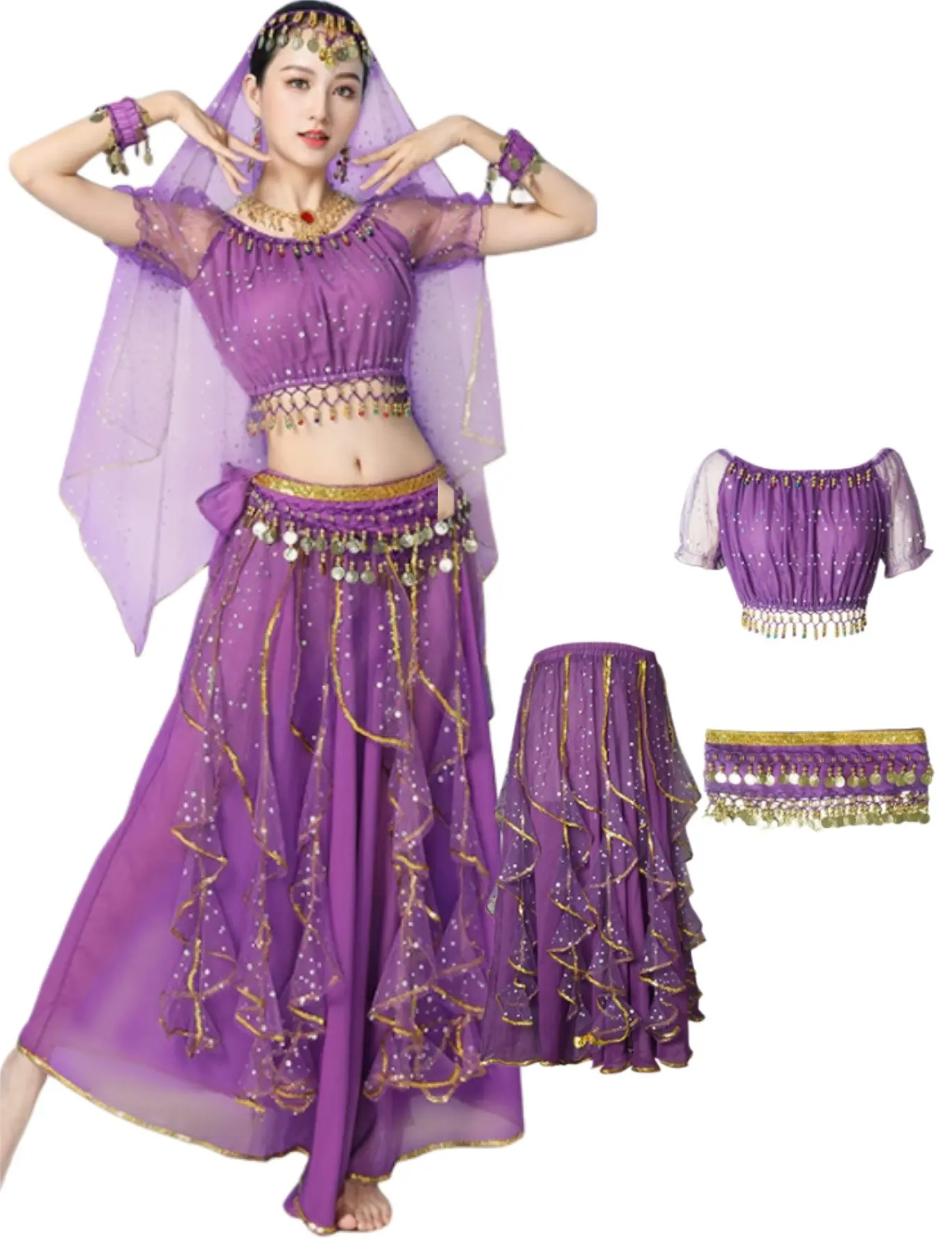Women's Indian Dance Dress Short Sleeve Top Long Flowy Skirt Belly Dance Performance Costumes Set Clothes