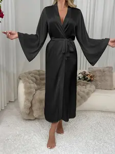 New Summer Satin Robe, Bell Sleeve Tie Front Soft Style Bride Morning Dress, Home Wear Sleepwear for Women