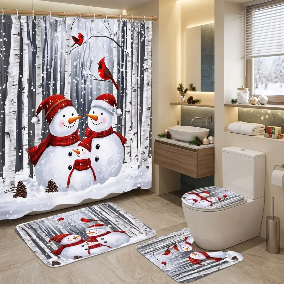 4pcs Winter Snowman Shower Curtain Set, Cozy Christmas Bathroom Decor, Red Cardinal Forest Scene, Holiday Snowfall Print, TikTok Shop Trending, Festive Bathroom Makeover, Printed Shower Curtain