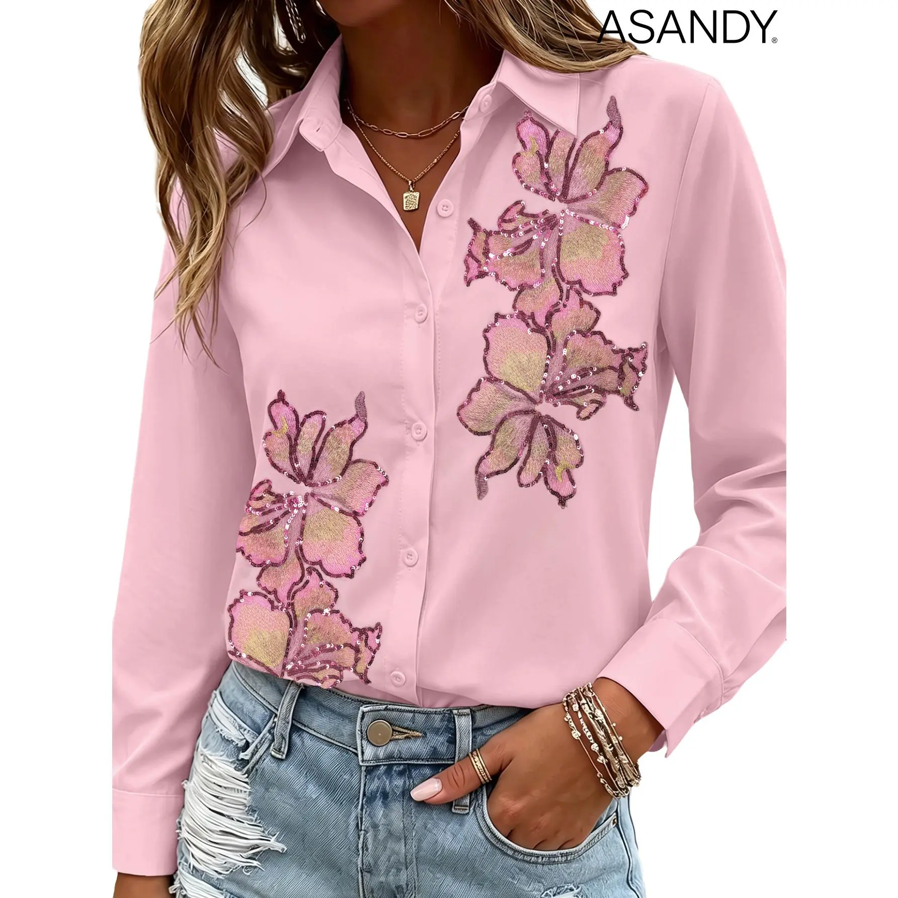 Women's Elegant Pink Blouse, Long Sleeve Collared Button Down Top with Feather and Rhinestone Details, Glossy Statement Piece, Elegance, Formal, Casual, Longsleeves, Shirts, Soft, Style, Blouses For Women, Machine Wash, Rhinestones, Collared Neck Bl, Coll