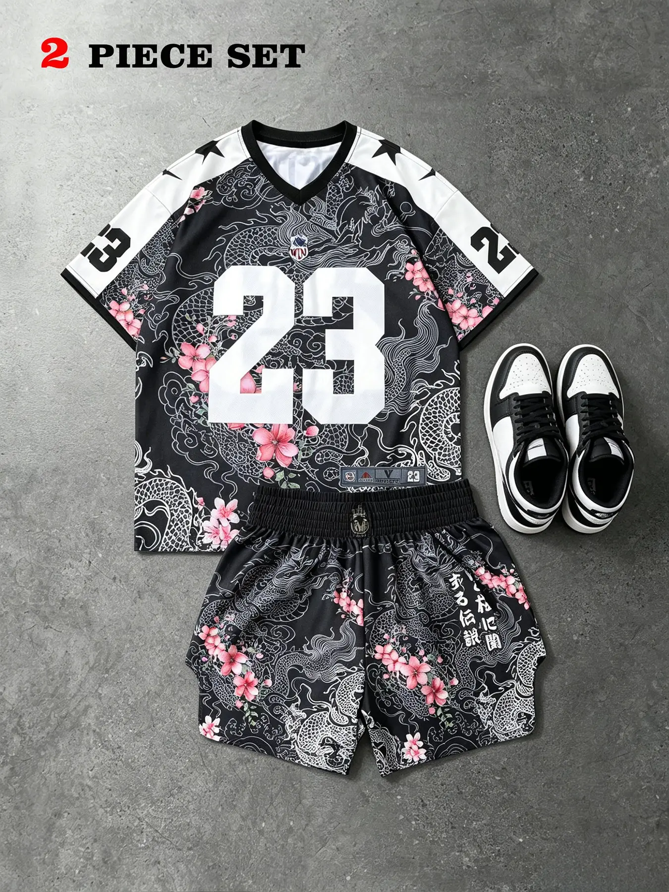 Men's Eastern Dragon Cherry Blossom Basketball Set, V-Neck Star Patch Short Sleeve Top + Elastic Waist Shorts, Japanese Street Sport, Loose Fitness Wear, Sportswear for Summer, Sports Clothing