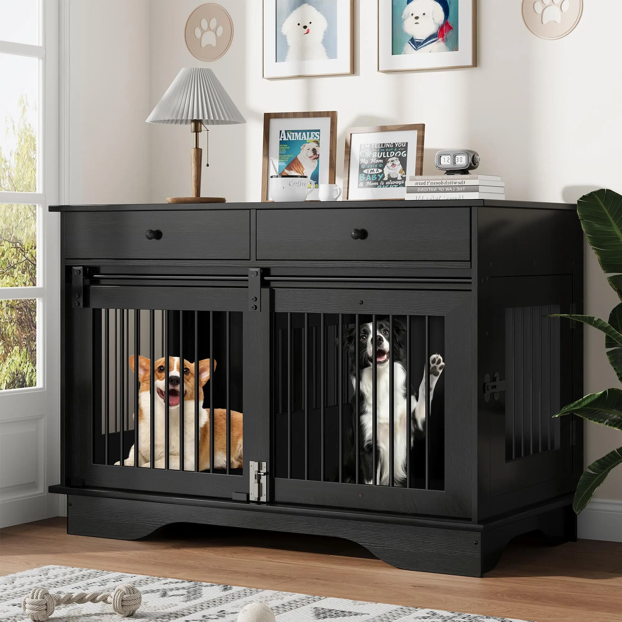 Multi-Functional Dog Crate Furniture – 47" Wooden Kennel with 2 Storage Drawers, Removable Divider, Sturdy Construction, Stylish End Table for Large, Medium, Small Dogs