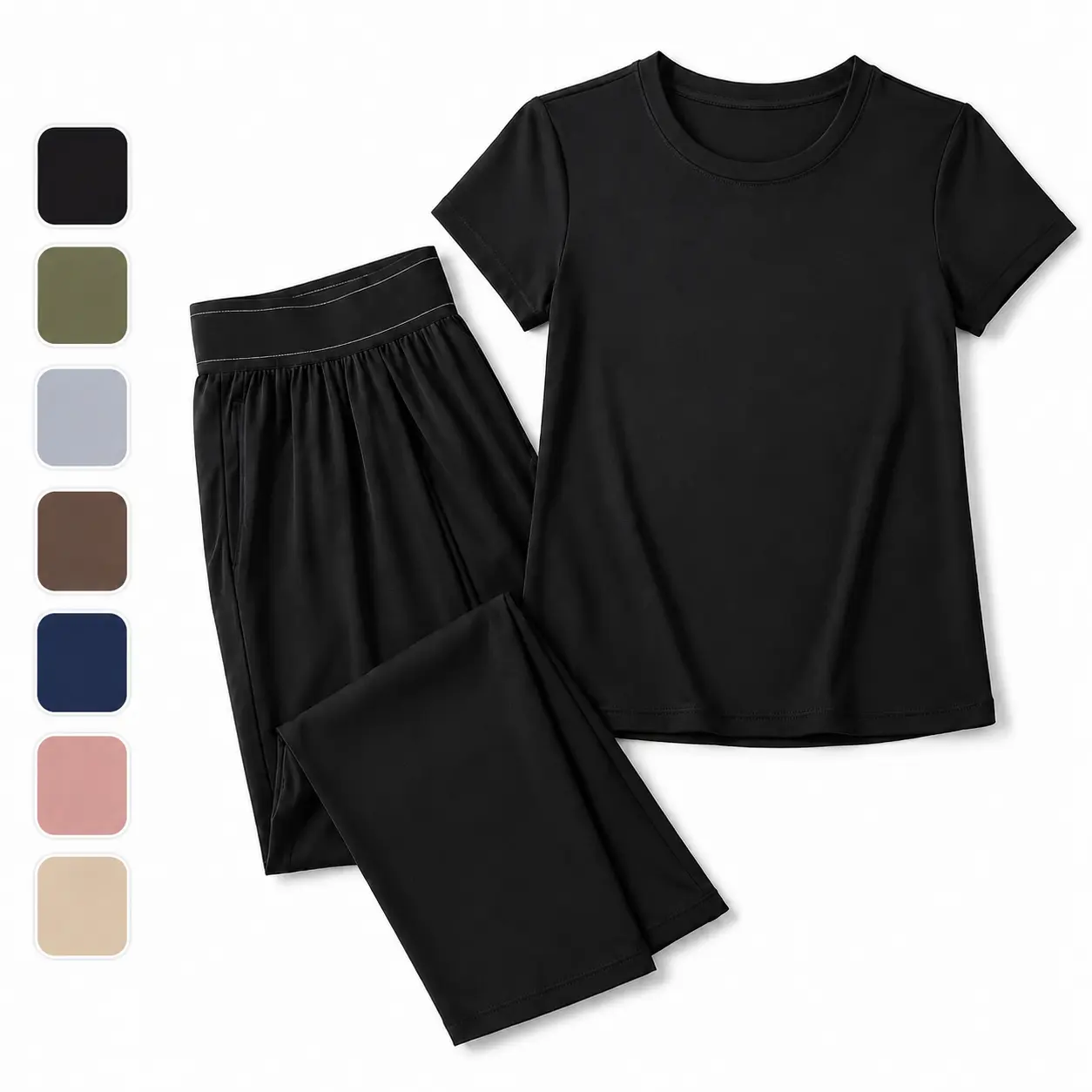 Women's casual two-piece loungewear set: a round-neck, short-sleeve T-shirt with a curved hem paired with high-waisted, wide-leg trousers featuring side pockets and pleated details; a stretchy knit set (available in multiple colors).