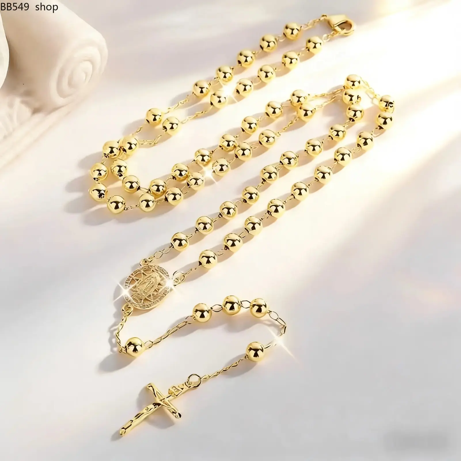 Fashion Hollow Virgin Guadalupe Pendant Prayer Bead Necklace Cross Gold-Plated 6Mm Round Bead Sacred Religious Jewelry Holiday Gift Blessings