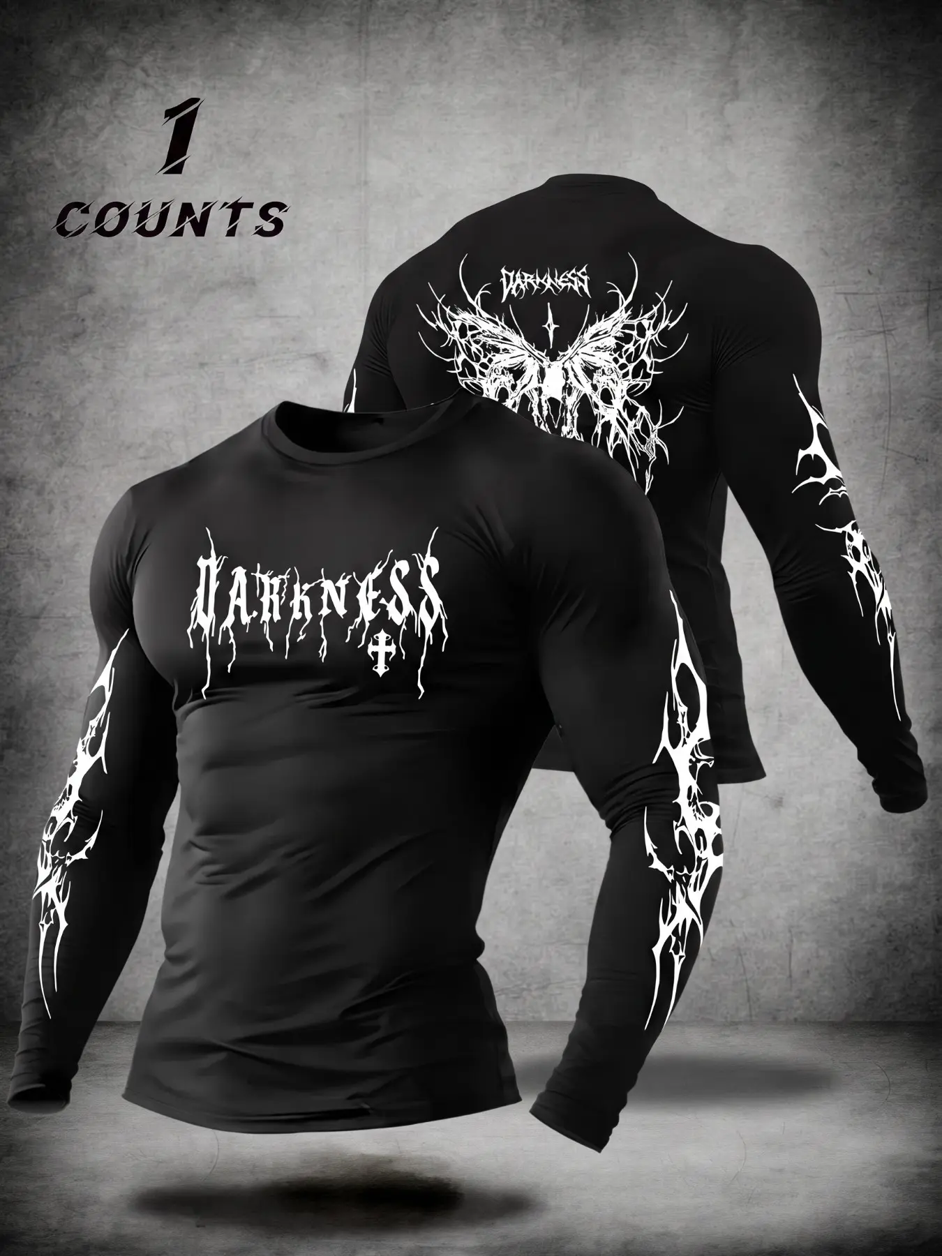 Polyester Slim Fit Men Long Sleeve Graphic T-Shirt, Black Gothic Darkness Thorn Cross Skull Full Sleeve Print Compression Top, Breathable Dark Streetwear Tee For Punk Y2K Hip Hop Workout Daily Loungewear