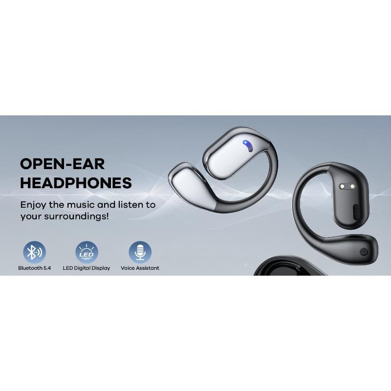 Open Ear Headphones Wireless Bluetooth, 60hrs Play 8D Sound Earphone Sport Earbuds with LED Display Over-Ear Buds Earhooks Built-in Mic Headset for Running Workout Driving