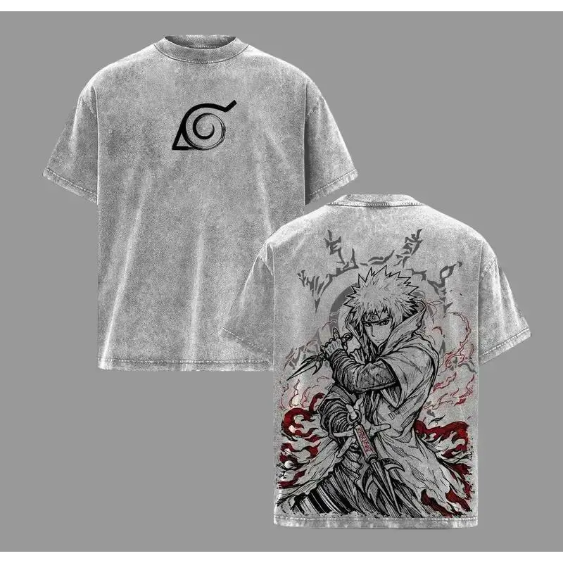 Minato Namikaze Naruto Anime Graphic Tee Vintage Washed Shirt Unisex Streetwear Hidden Leaf Symbol Anime Shirt Fourth Hokage Kunai Tee Naruto Anime Clothing Gift for Fans Crewneck Man Tshirt