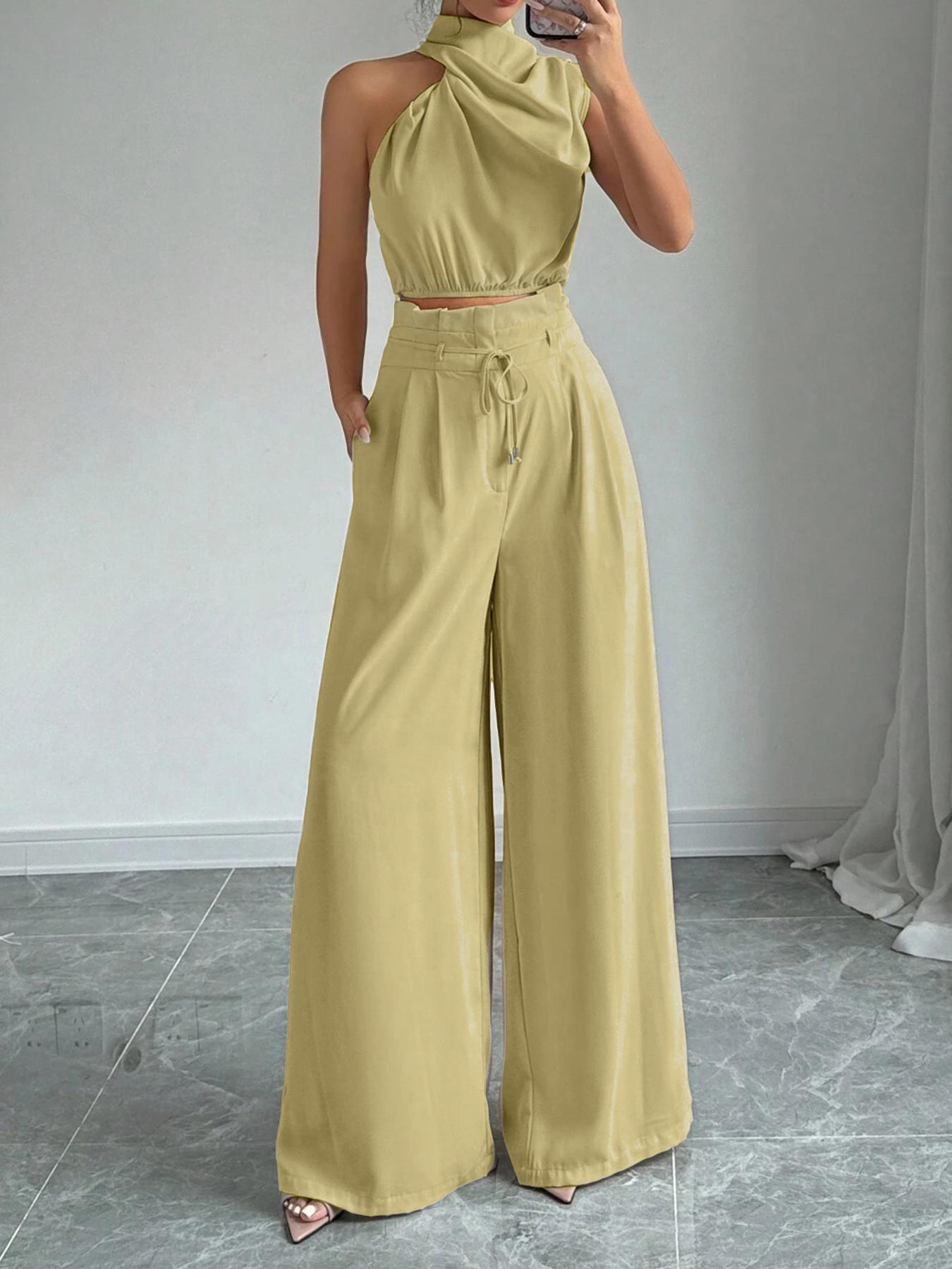 Women's Solid Color Fitted Crop Tank Top & Wide Leg Pants Two-piece Set, Elegant Fashion Casual Top & Trousers for Daily Outdoor Wear, Women's Clothing for Summer, Sleeveless