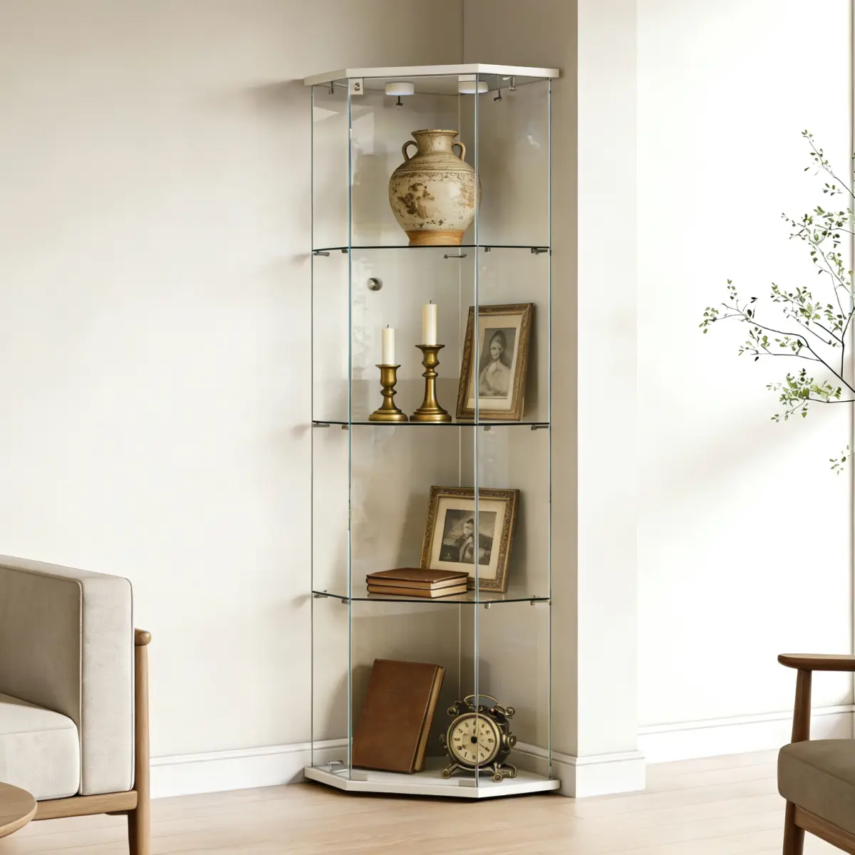 Tempered glass five-sided display cabinet,corner cabinet,liquor cabinet,with running lights,with locks,bottom equipped Adjustable foot,for various floors,living room,coidor,office