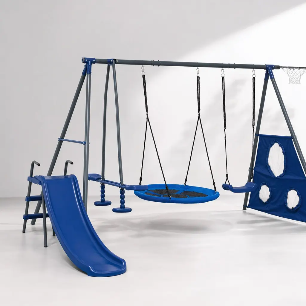 ARCH Heavy-Duty Metal-Plastic 6-in-1 Unisex Outdoor Playground Swing Set, 31.5in Net Swing, 440 lbs Capacity, Blue Grey Outdoor Kids Furniture for Ages 3+, Outdoor Playground Set