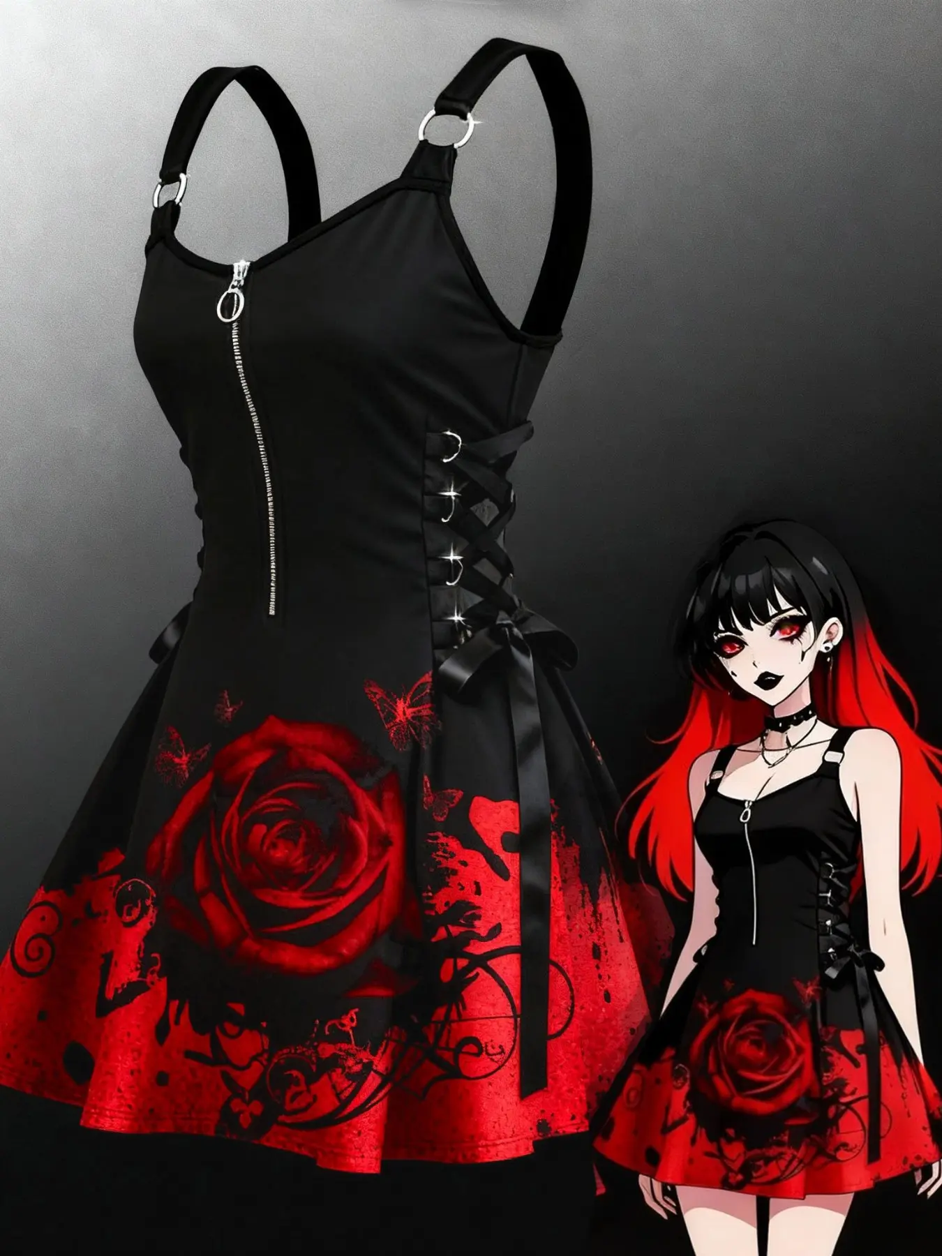 Gothic Style Floral Large Rose Print Dress, Halloween Party Print Dress, Rose and Dress, Fashionable and Stylish