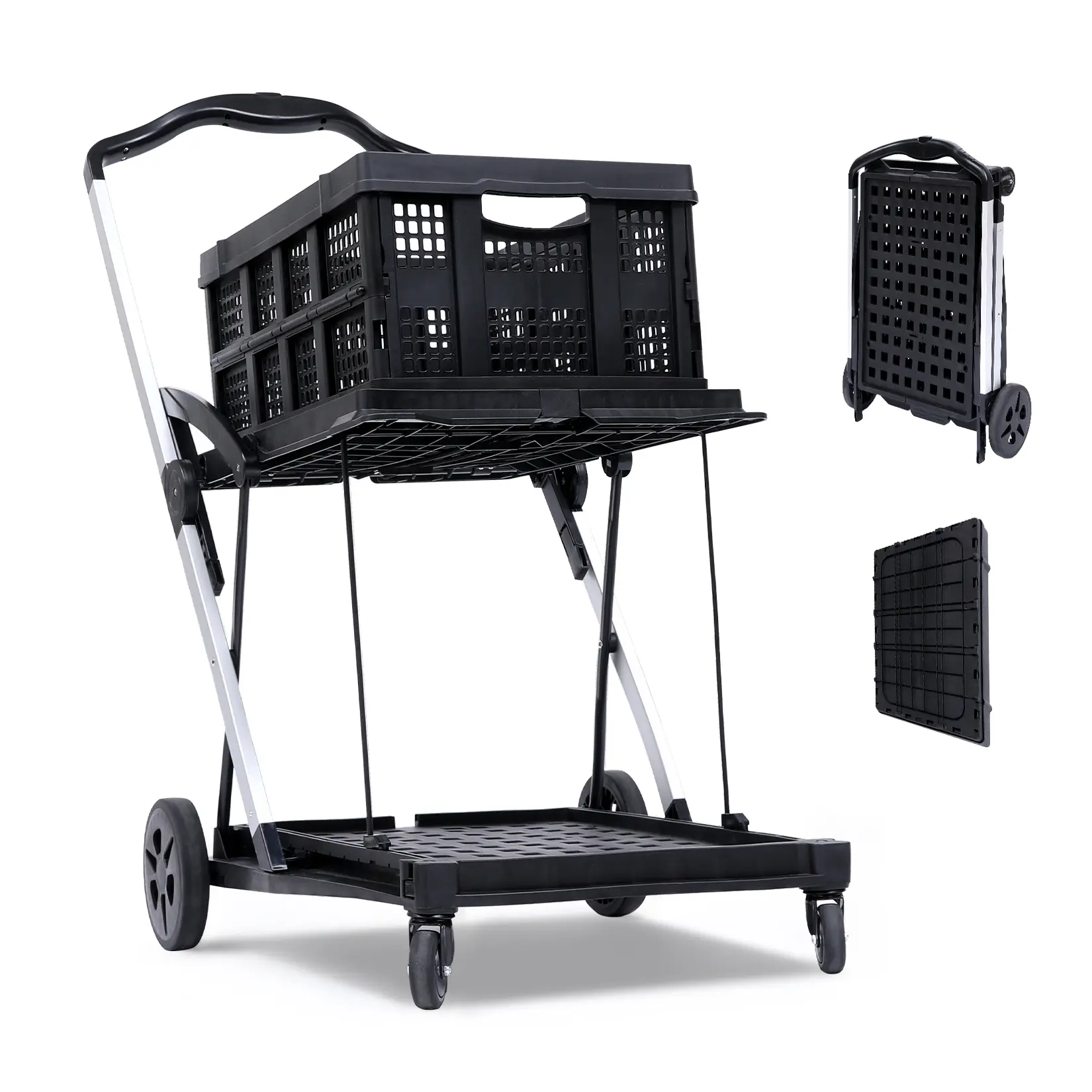 Folding Office Utility Cart with Wheels – Heavy Duty Mobile Organizer – Collapsible Multipurpose Trolley – Portable Black Design