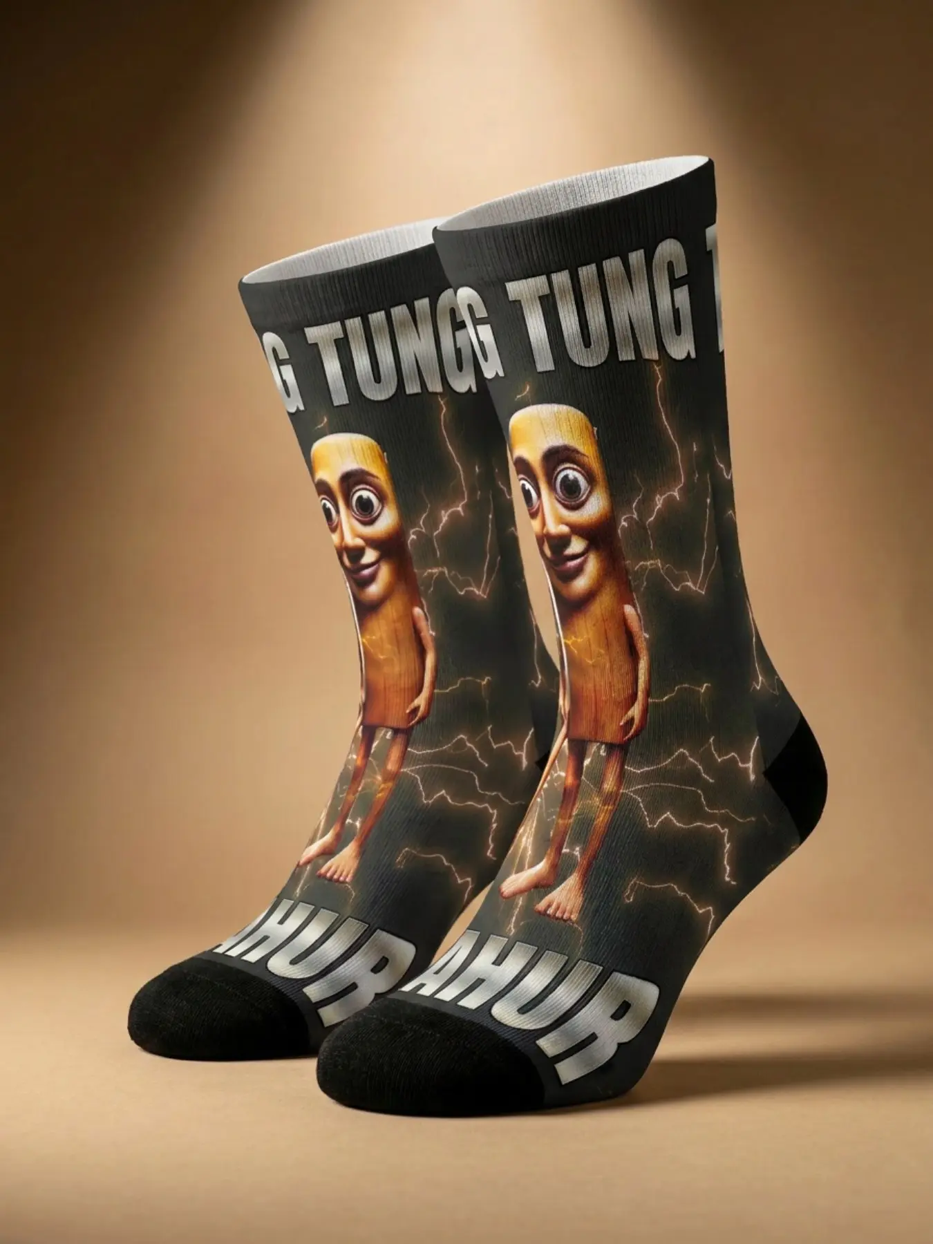 1 Pair BIIHUDU Men's Italian Brainrot Socks—Yellow “tung tung tung sahar” Print, Mid-Calf Socks: Cartoon, Cute, Soft, Breathable, Fashionable, Casual, Streetwear, Unique, Halloween, 360° All-Over Print Design