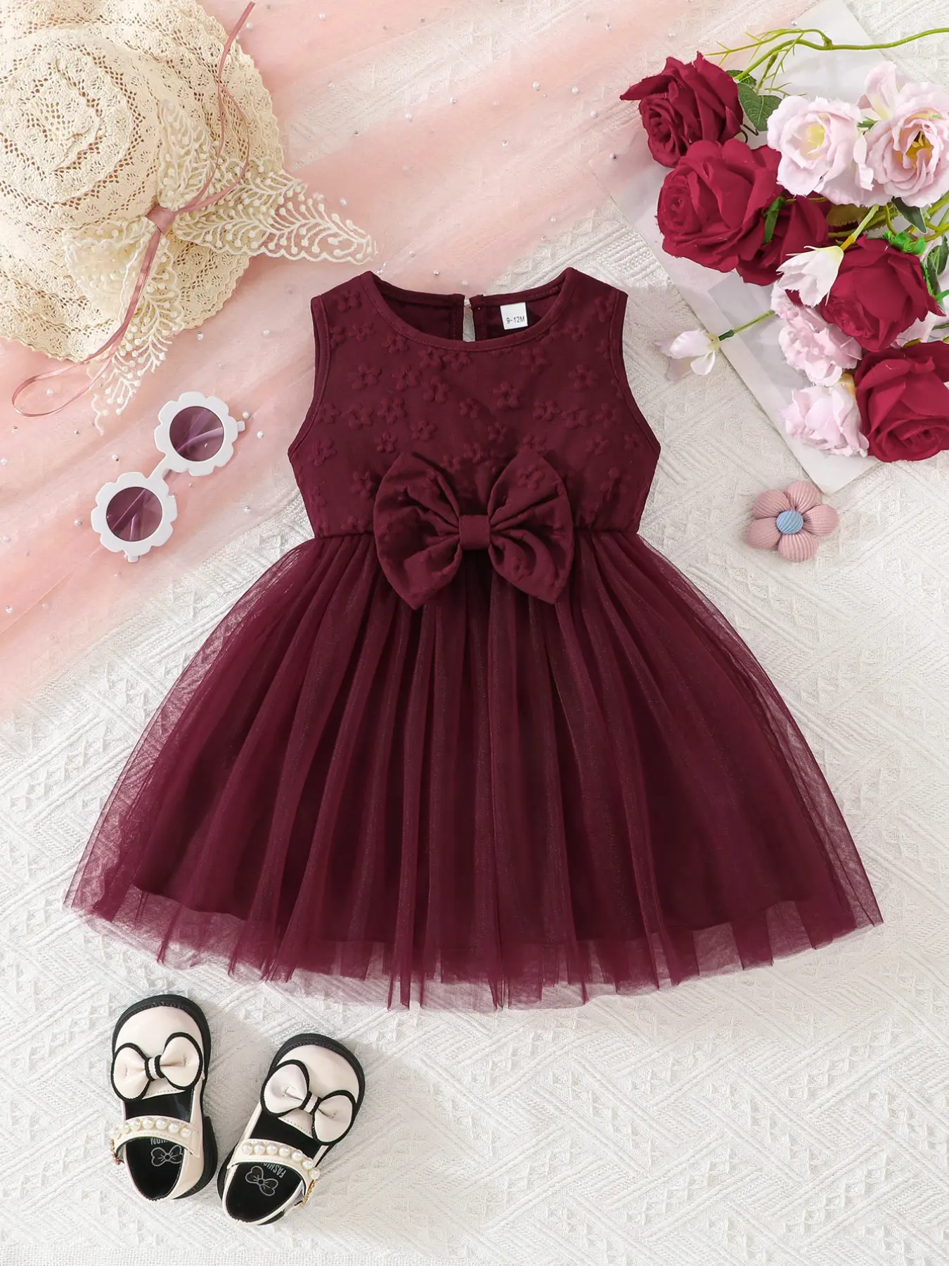 Baby Girl Tulle Dress, embossed floral sleeveless, elastic waist big bow back button multi color option for infant toddler 6-36 months, wedding birthday photo party outfit